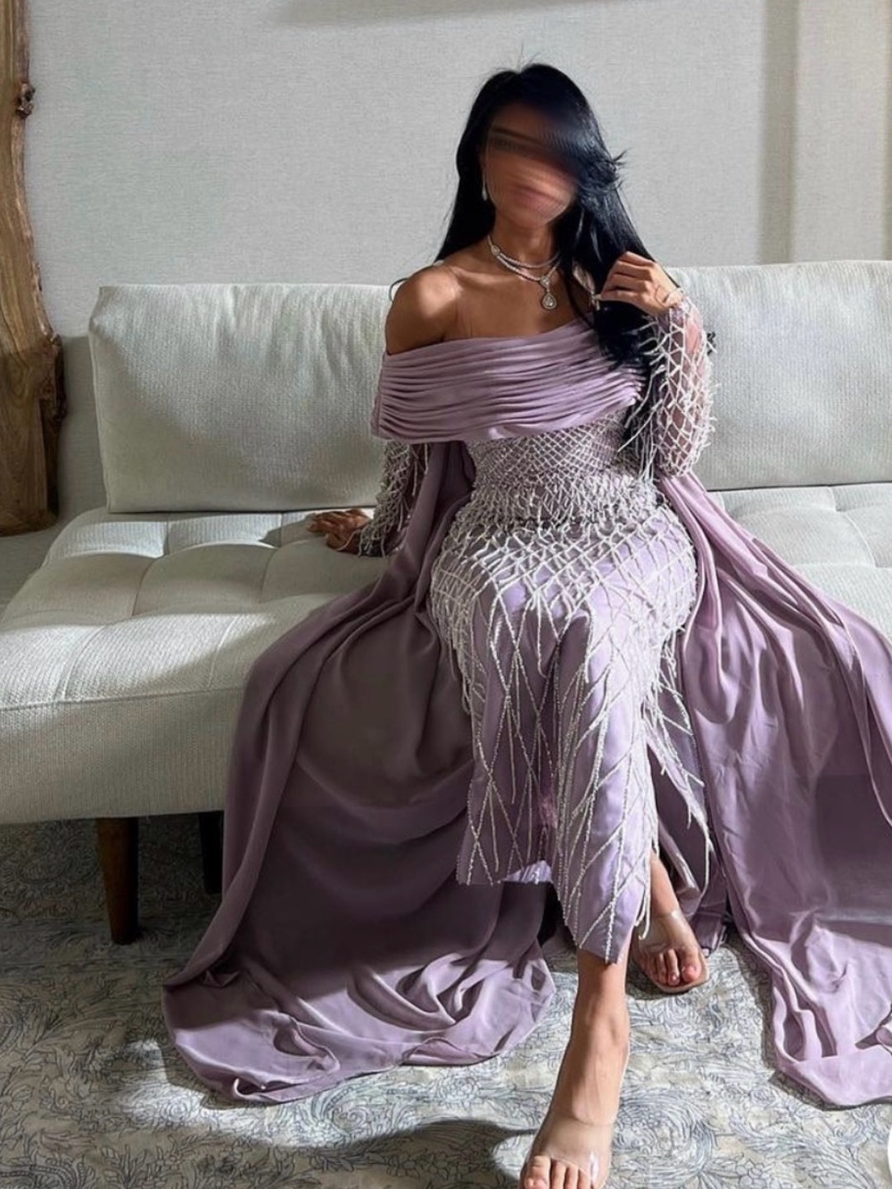 Off-Shoulder Lilac Evening Dress with Beaded Overlay
